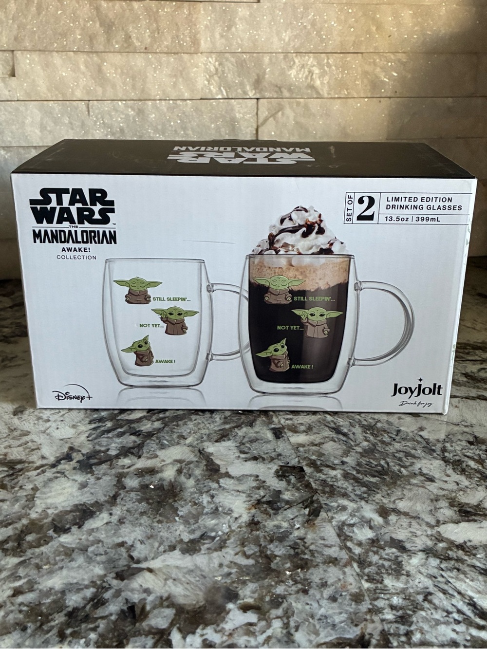 JoyJolt Star Wars Grogu “Awake” Double-Wall Glass Mug Set